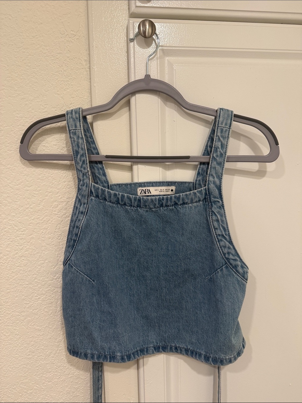 Zara Light Blue Denim Crop Top with Square Neck